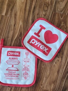 Pyrex White and Red Heart Logo Potholder Pair